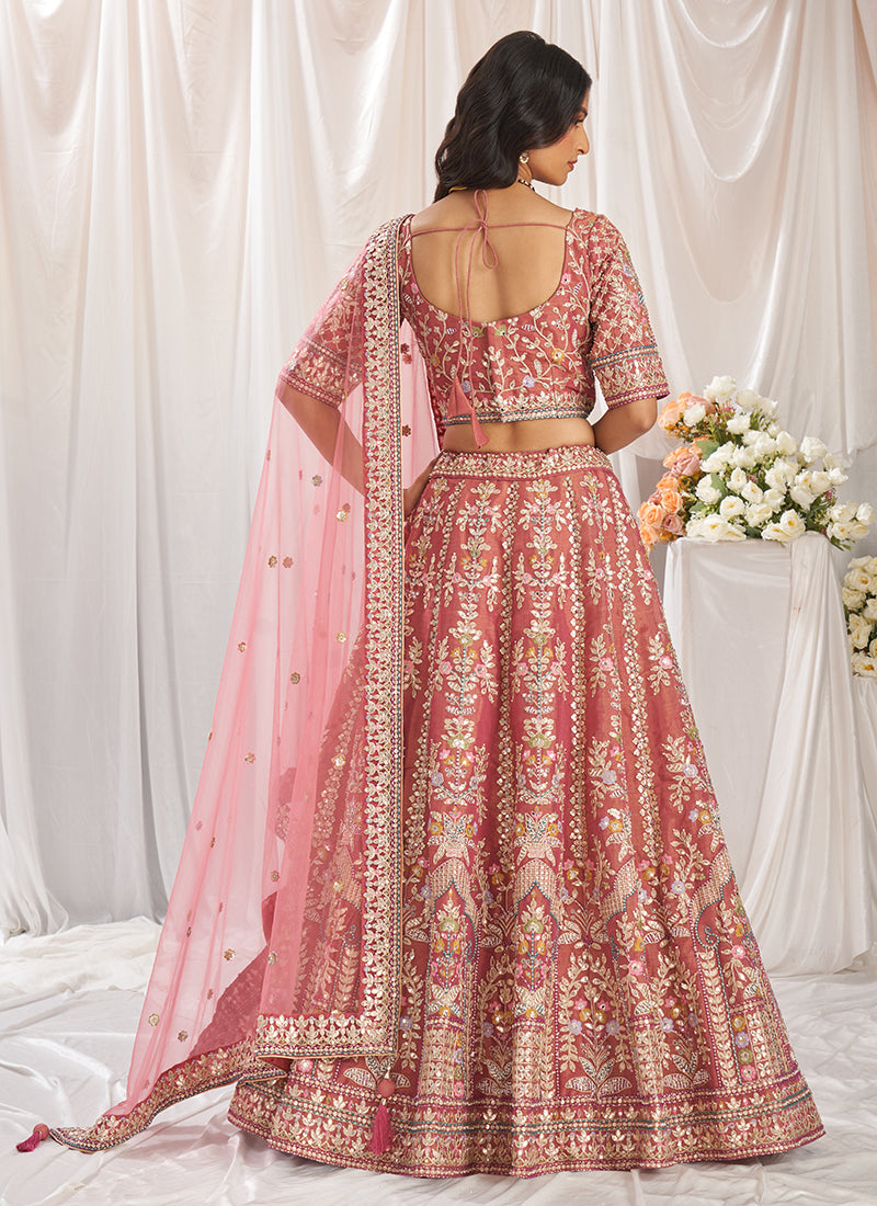 Coral Pink Multi Embroidery Bridal Lehenga Choli