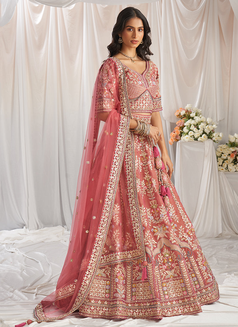 Coral Pink Multi Embroidery Bridal Lehenga Choli