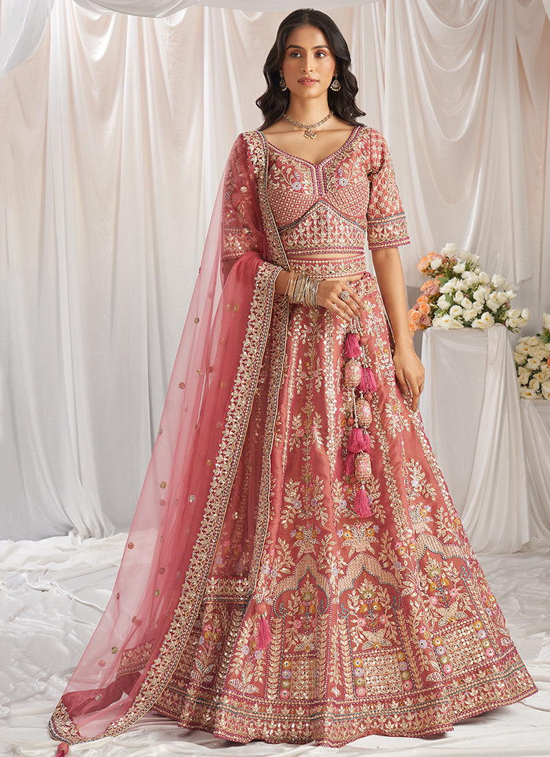 Coral Pink Multi Embroidery Bridal Lehenga Choli