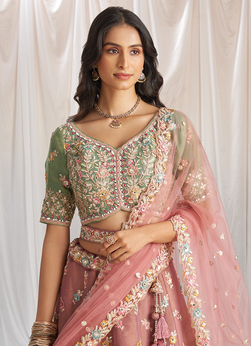 Pink And Sage Green Multi Embroidery Designer Lehenga Choli