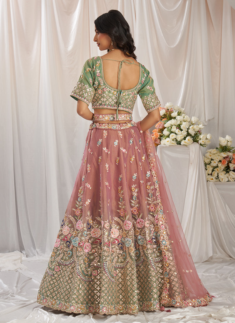 Pink And Sage Green Multi Embroidery Designer Lehenga Choli