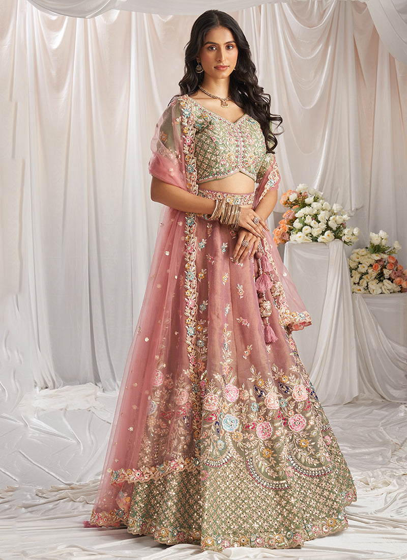 Pink And Sage Green Multi Embroidery Designer Lehenga Choli