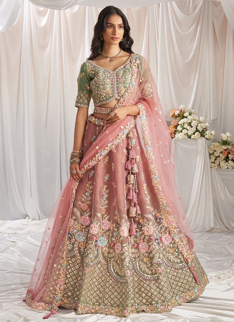 Pink And Sage Green Multi Embroidery Designer Lehenga Choli