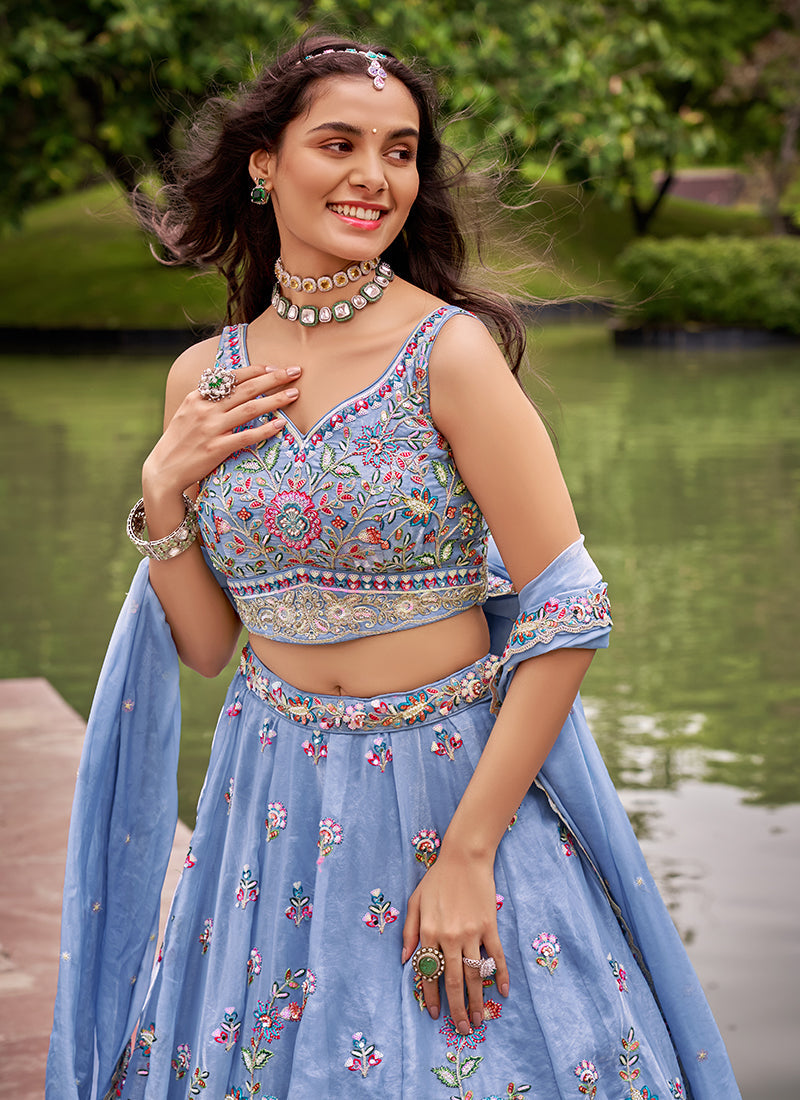 Pastel Blue Multi Embroidered Bridal Lehenga Choli