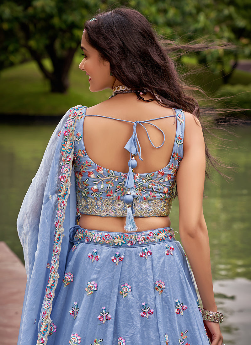 Pastel Blue Multi Embroidered Bridal Lehenga Choli