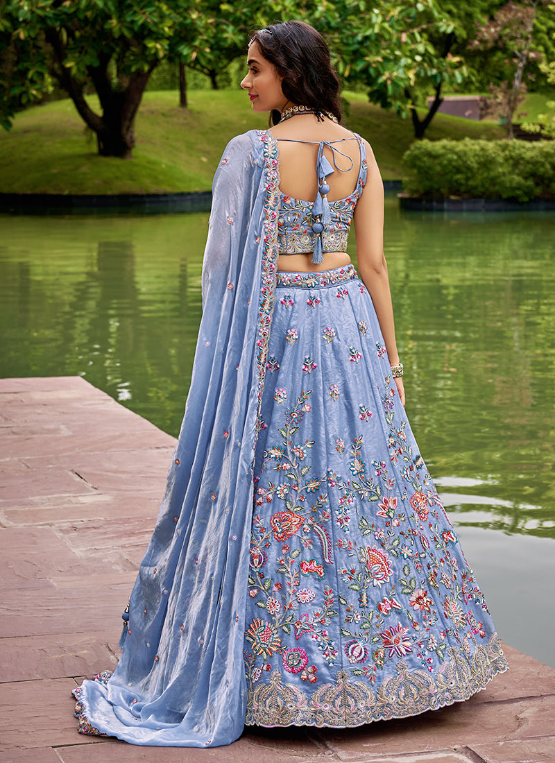 Pastel Blue Multi Embroidered Bridal Lehenga Choli