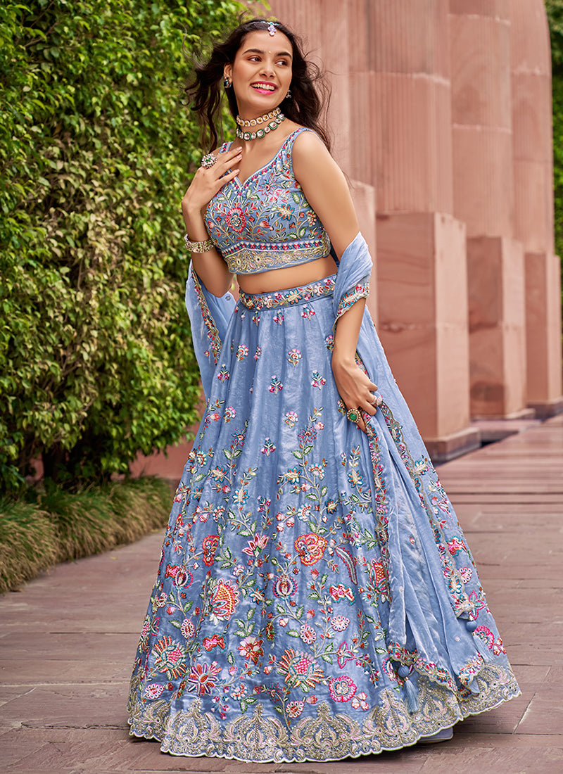 Pastel Blue Multi Embroidered Bridal Lehenga Choli