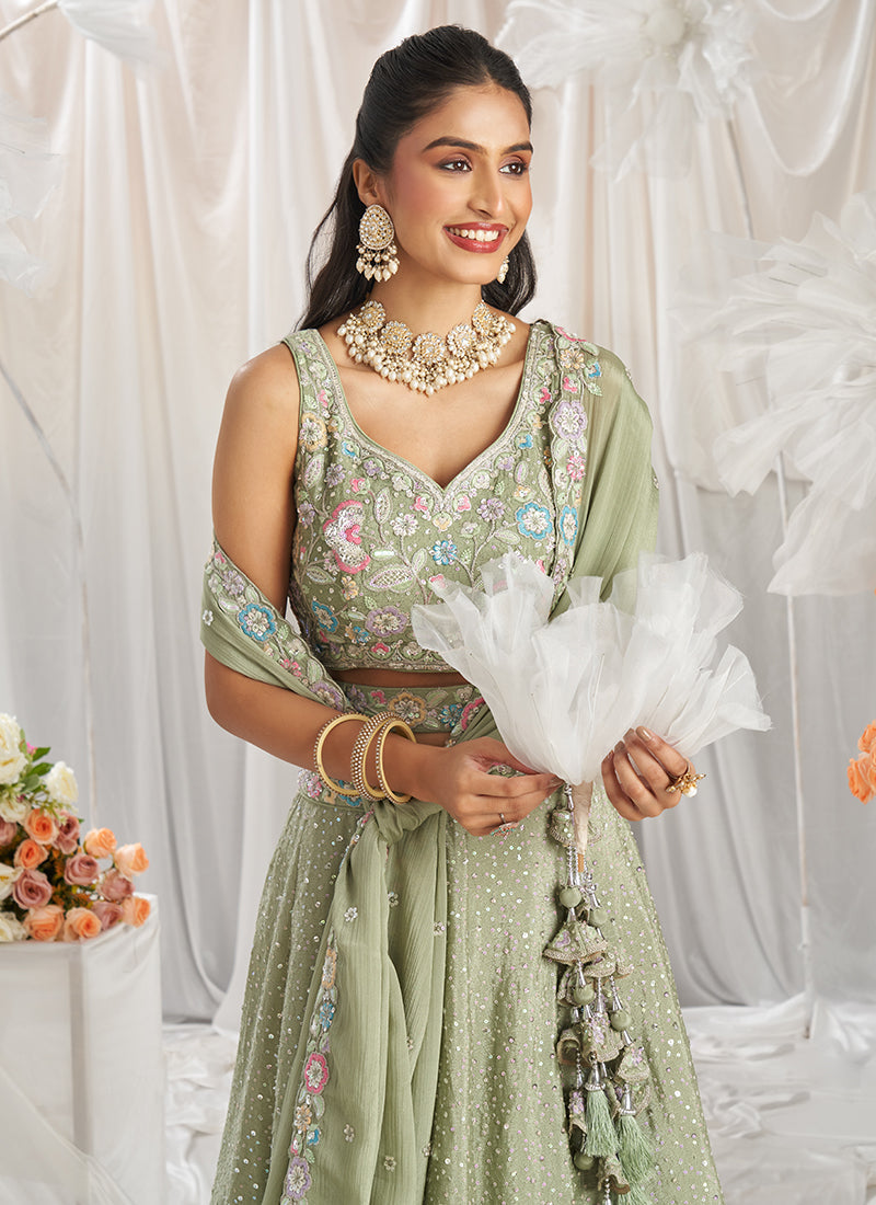 Pista Green Multi Embroidered Bridal Lehenga Choli