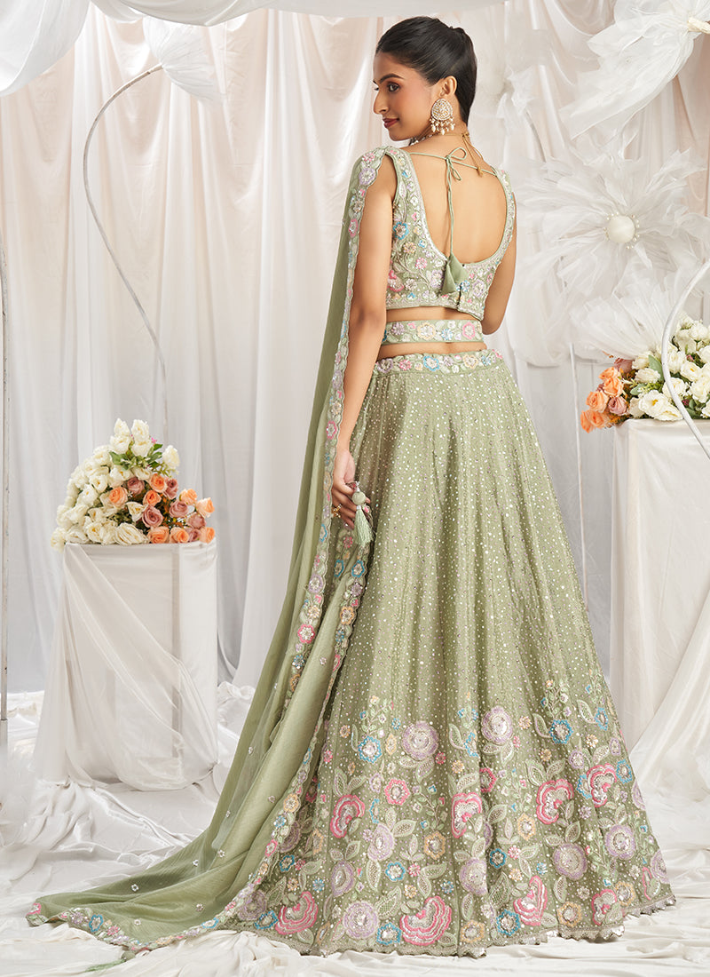 Pista Green Multi Embroidered Bridal Lehenga Choli