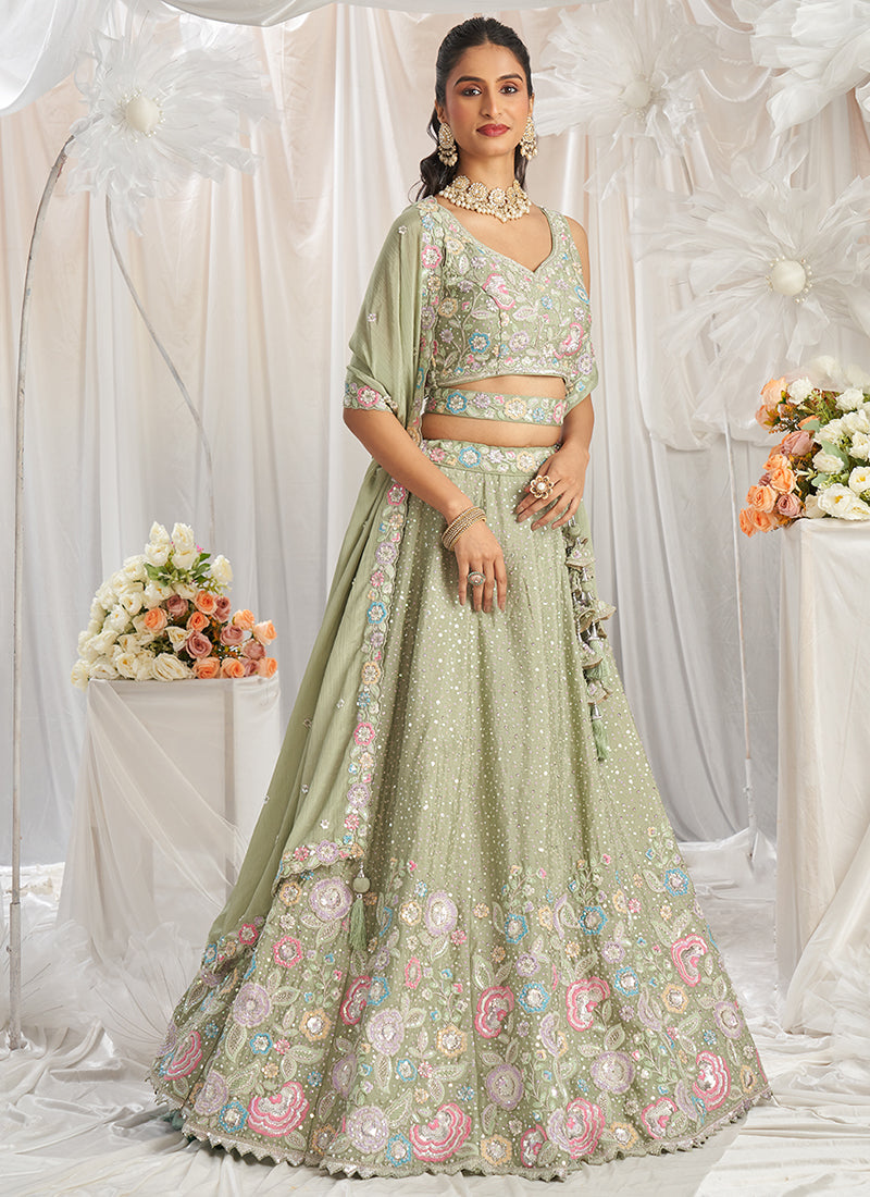 Pista Green Multi Embroidered Bridal Lehenga Choli