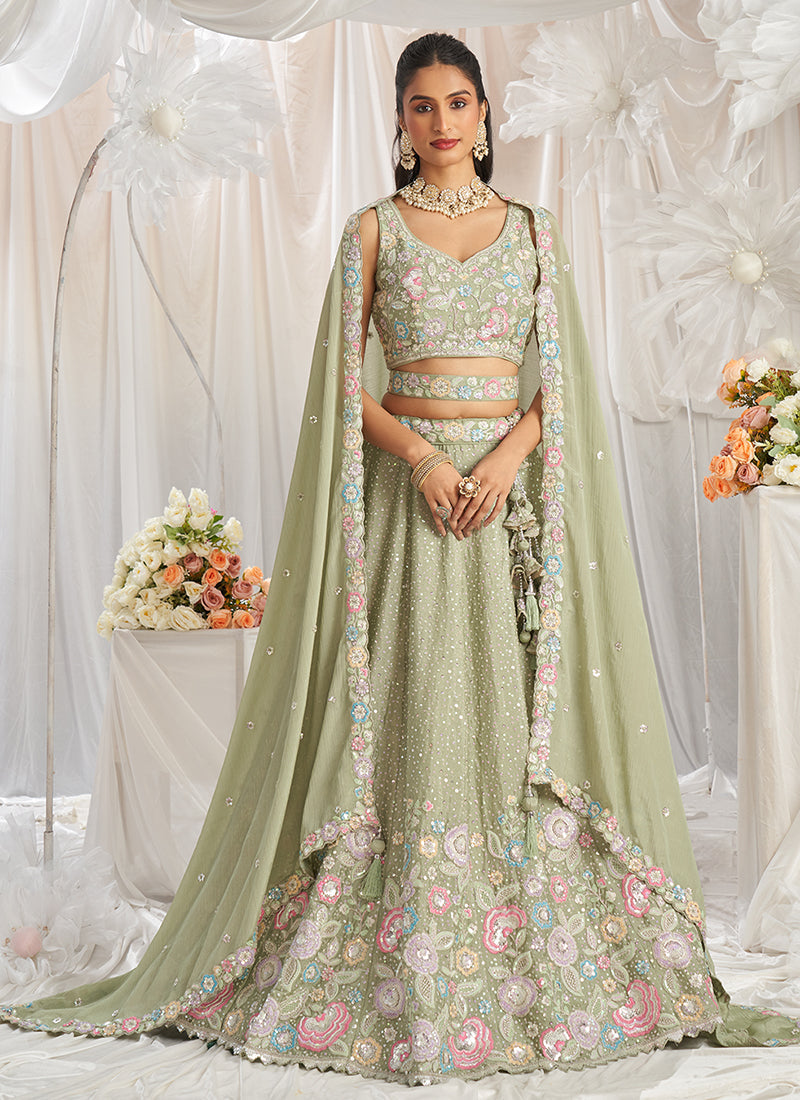 Pista Green Multi Embroidered Bridal Lehenga Choli