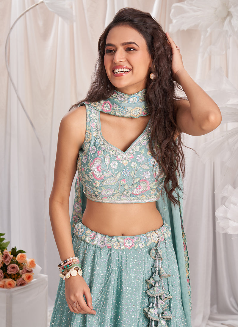 Sky Blue Multi Embroidered Bridal Lehenga Choli