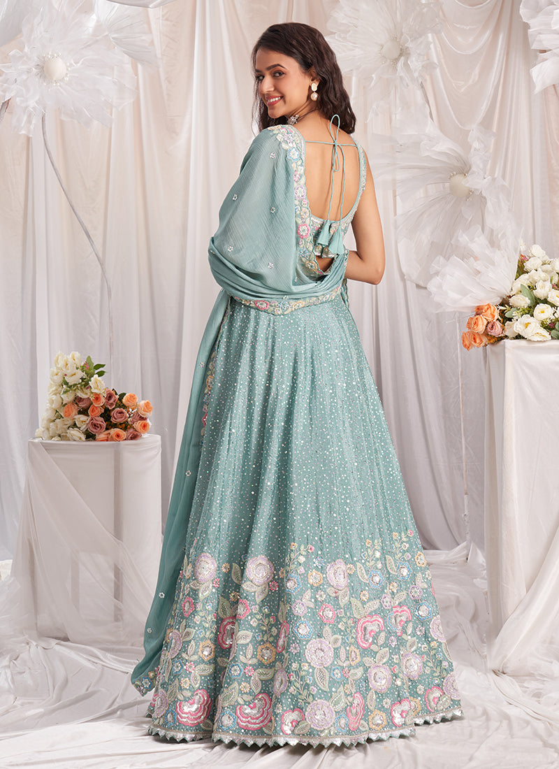 Sky Blue Multi Embroidered Bridal Lehenga Choli