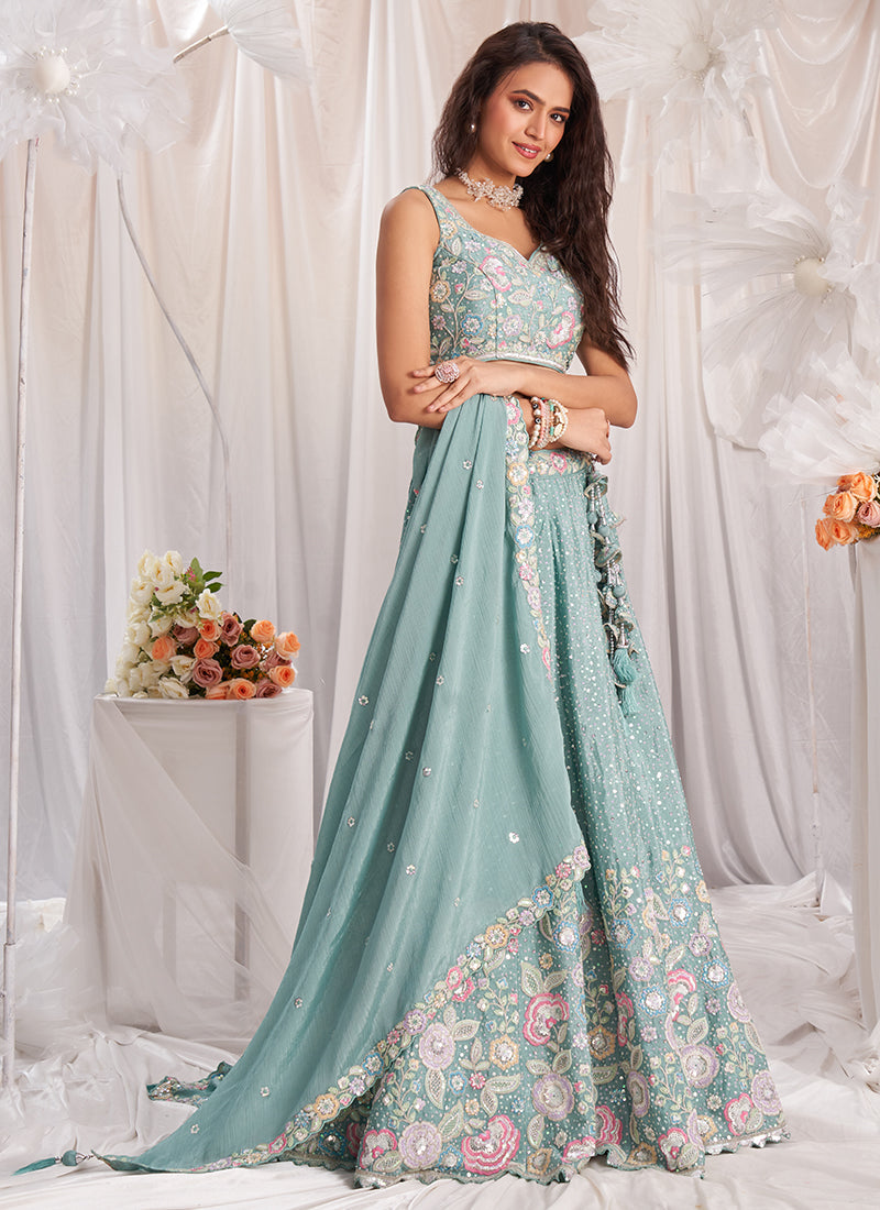 Sky Blue Multi Embroidered Bridal Lehenga Choli