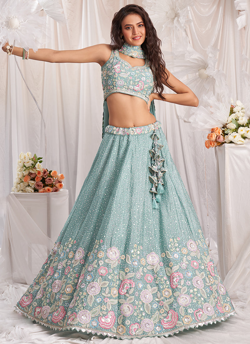 Sky Blue Multi Embroidered Bridal Lehenga Choli