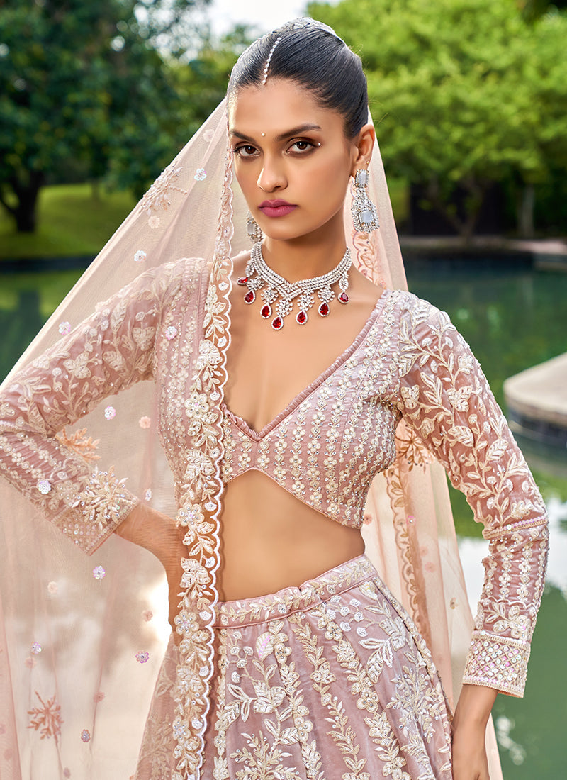 Nude Pink Traditional Embroidery Bridal Lehenga Choli