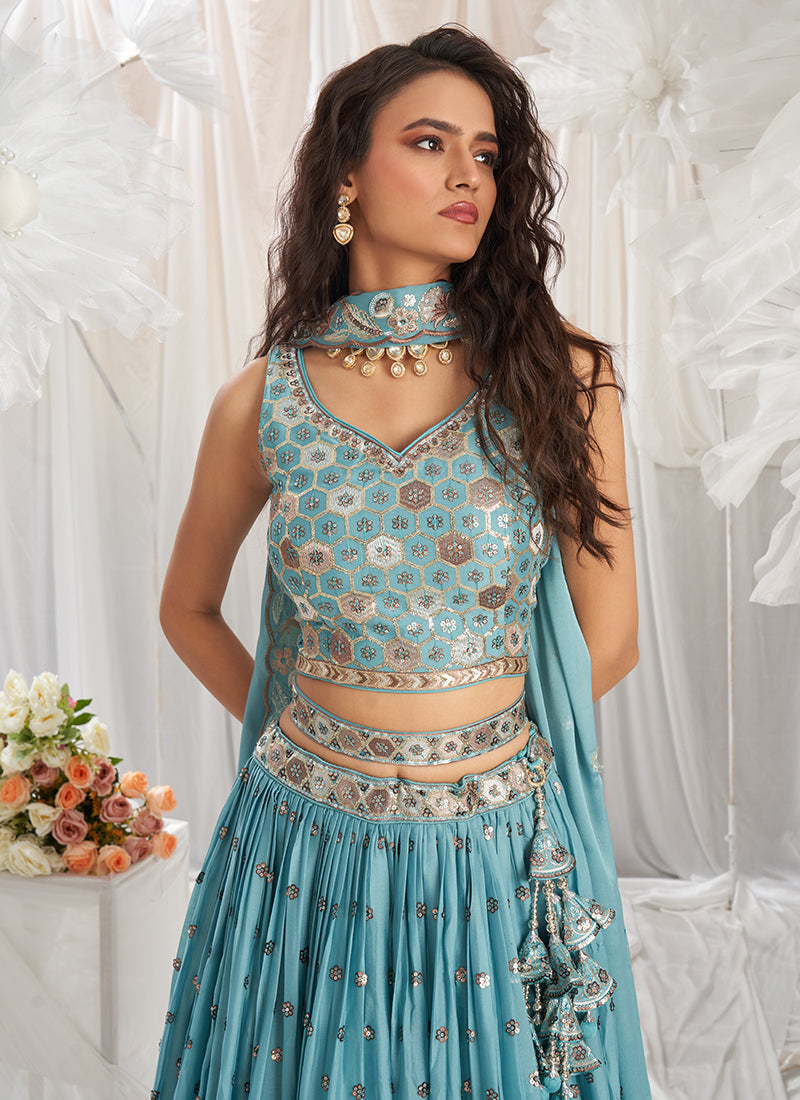 Sky Blue Multi Embroidery Bridal Lehenga Choli