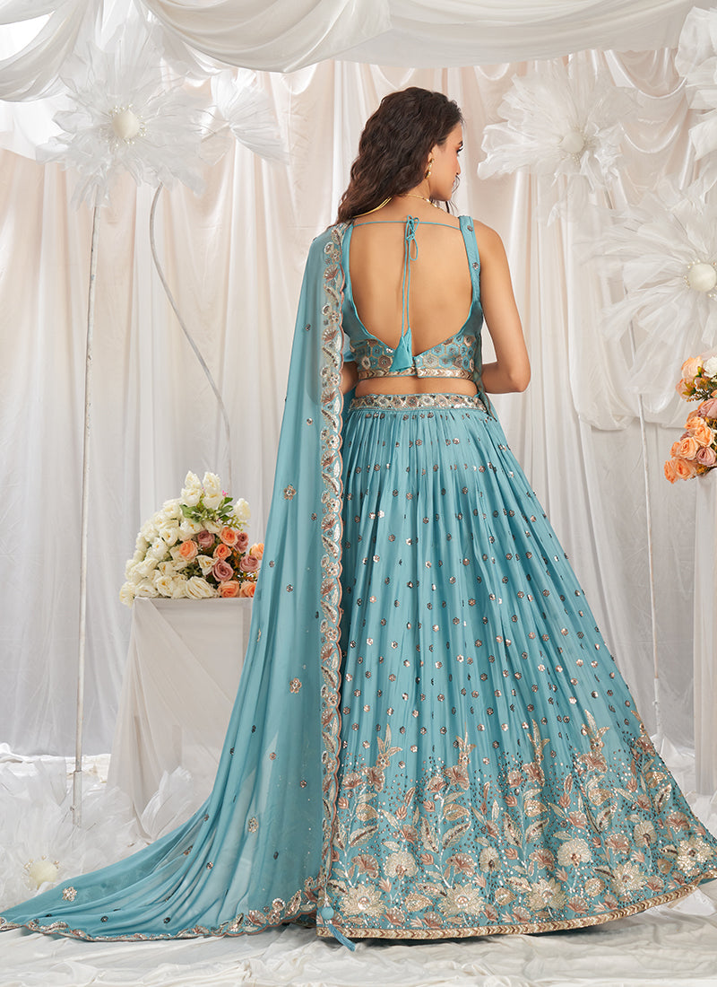 Sky Blue Multi Embroidery Bridal Lehenga Choli