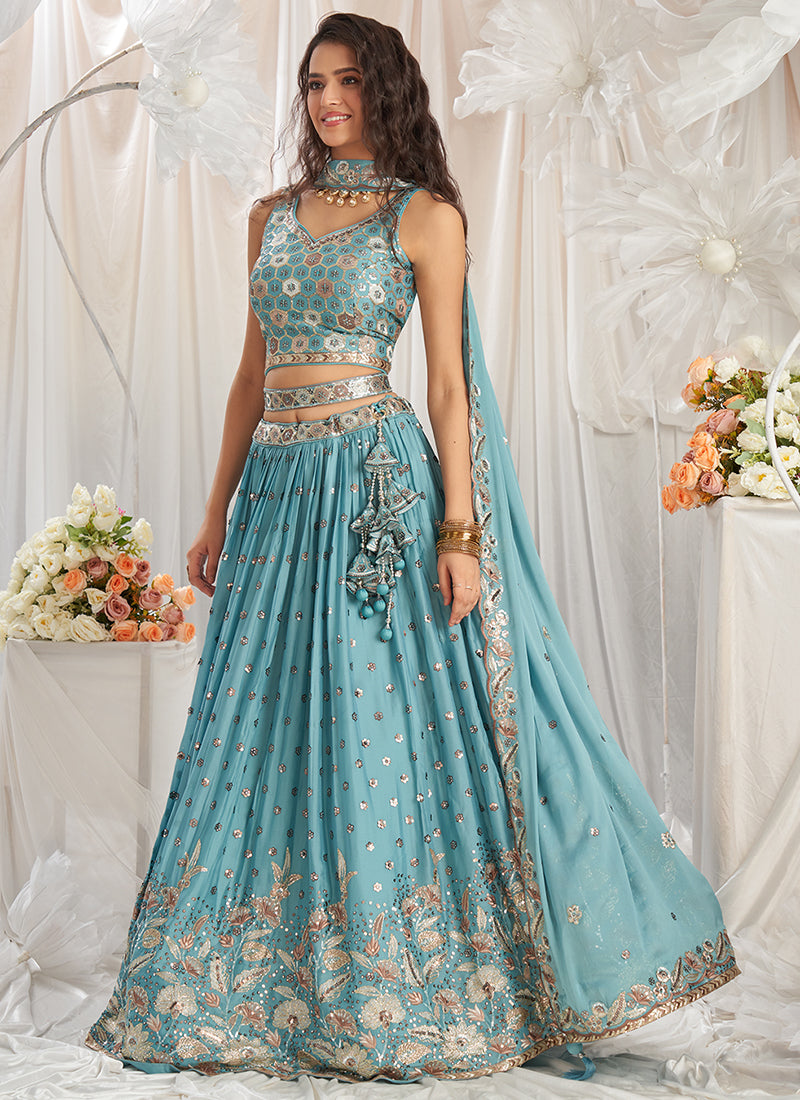 Sky Blue Multi Embroidery Bridal Lehenga Choli