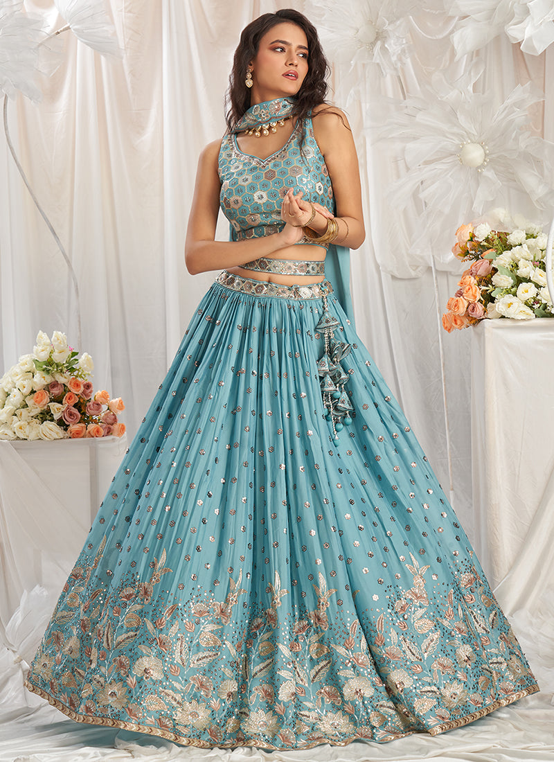 Sky Blue Multi Embroidery Bridal Lehenga Choli