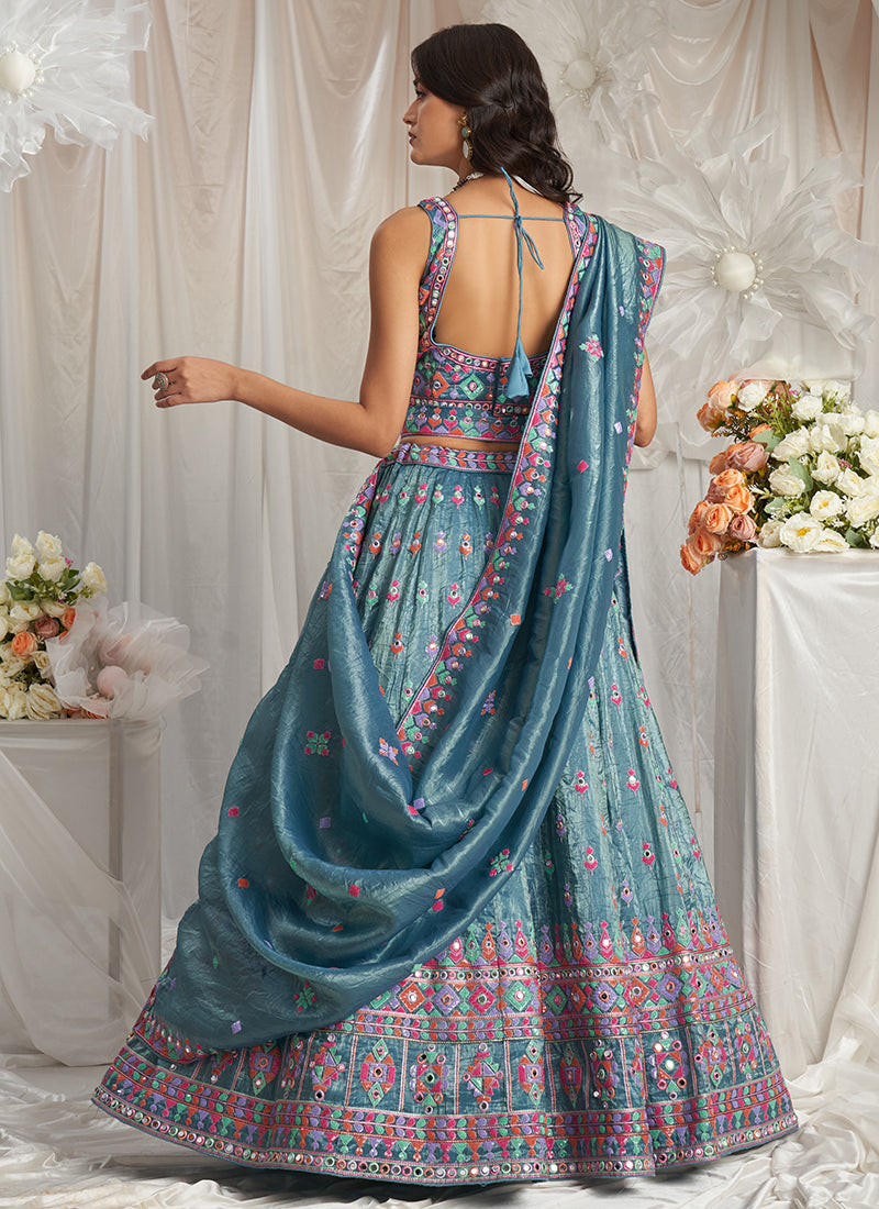 Turquoise Multi Embroidery Bridal Lehenga Choli