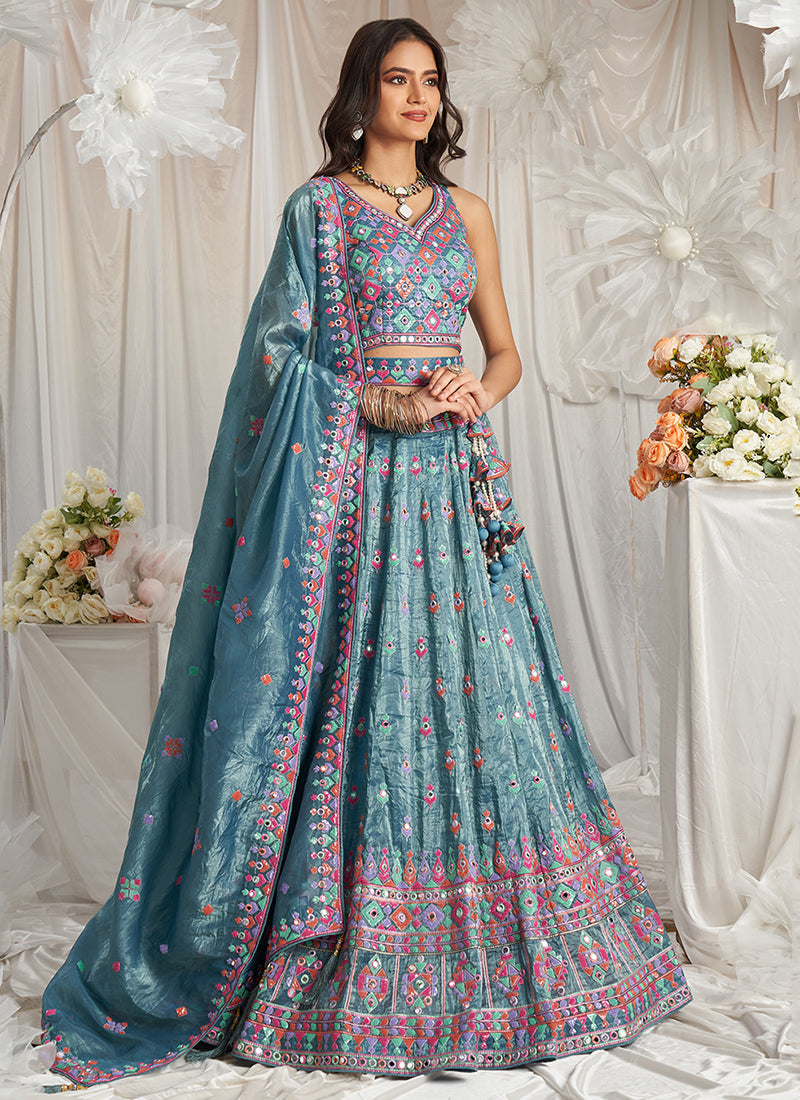 Turquoise Multi Embroidery Bridal Lehenga Choli