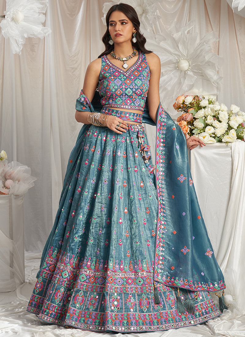 Turquoise Multi Embroidery Bridal Lehenga Choli