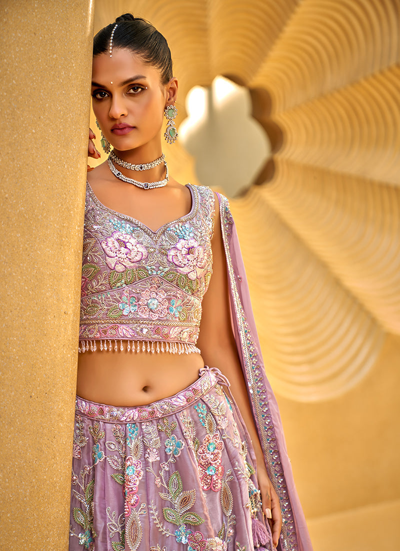 Mauve Purple Floral Embroidered Bridal Lehenga Choli