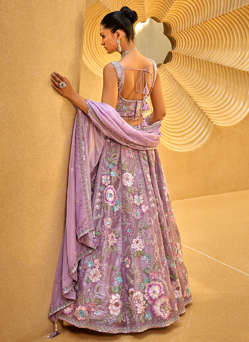 Mauve Purple Floral Embroidered Bridal Lehenga Choli