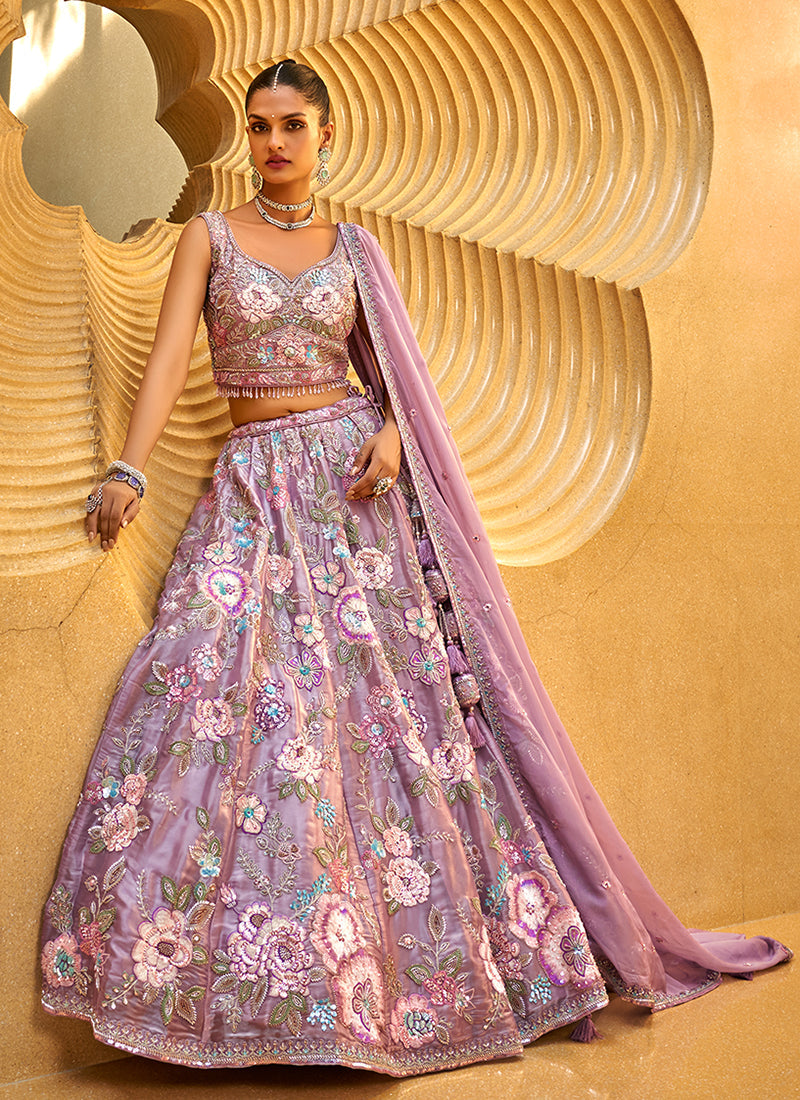 Mauve Purple Floral Embroidered Bridal Lehenga Choli