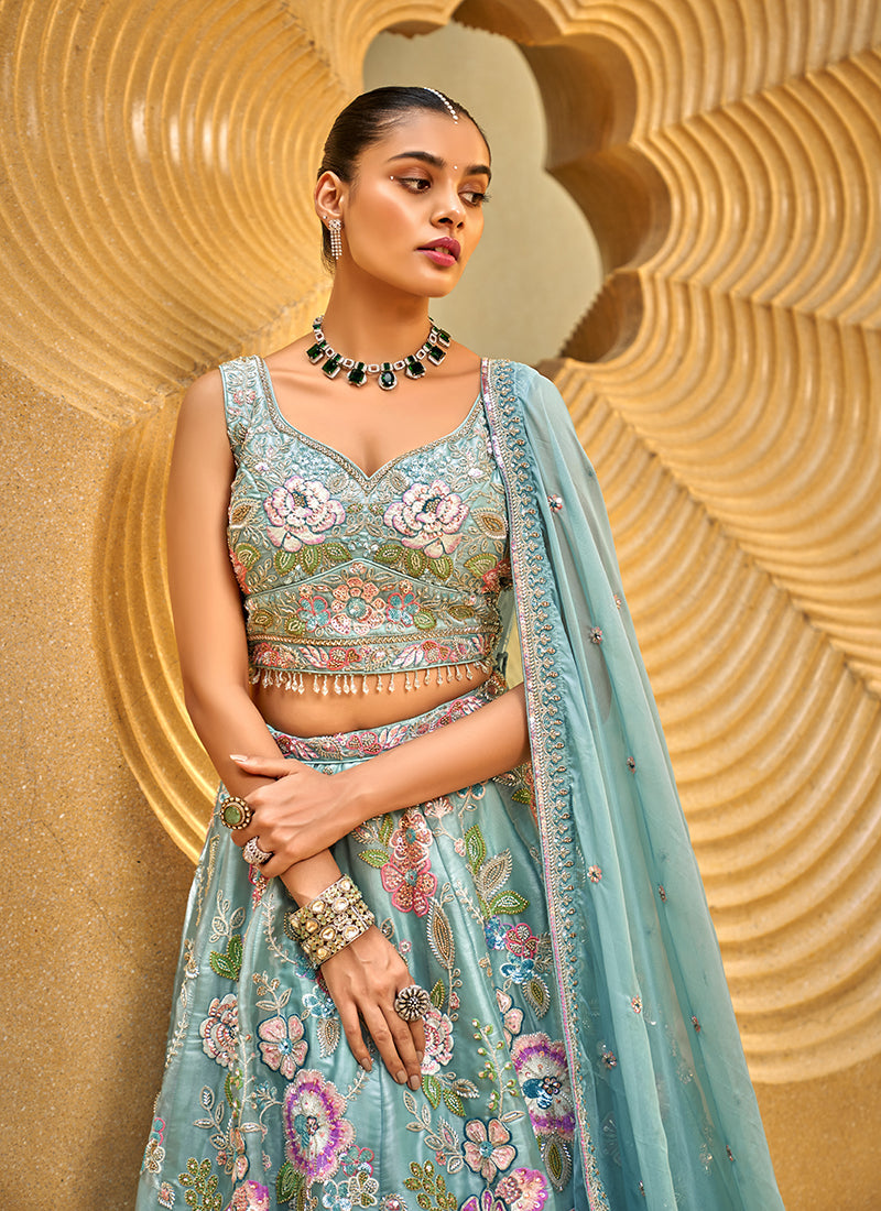 Sea Green Floral Embroidered Bridal Lehenga Choli