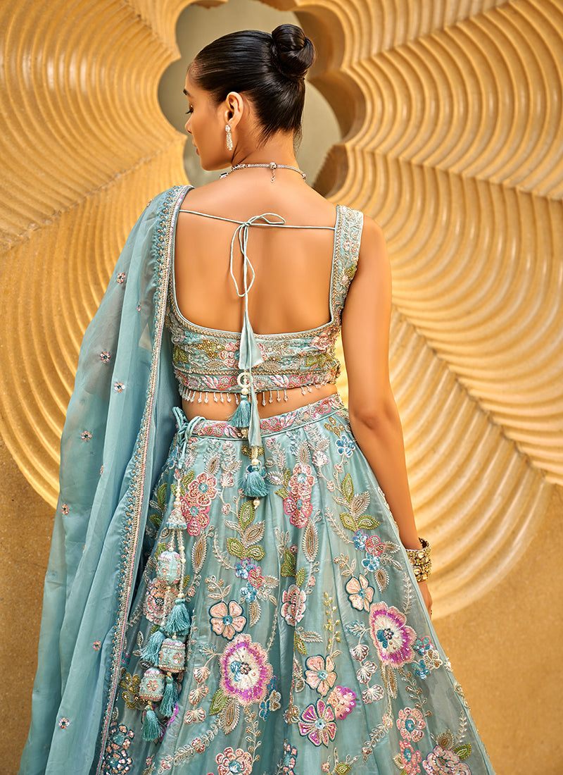 Sea Green Floral Embroidered Bridal Lehenga Choli