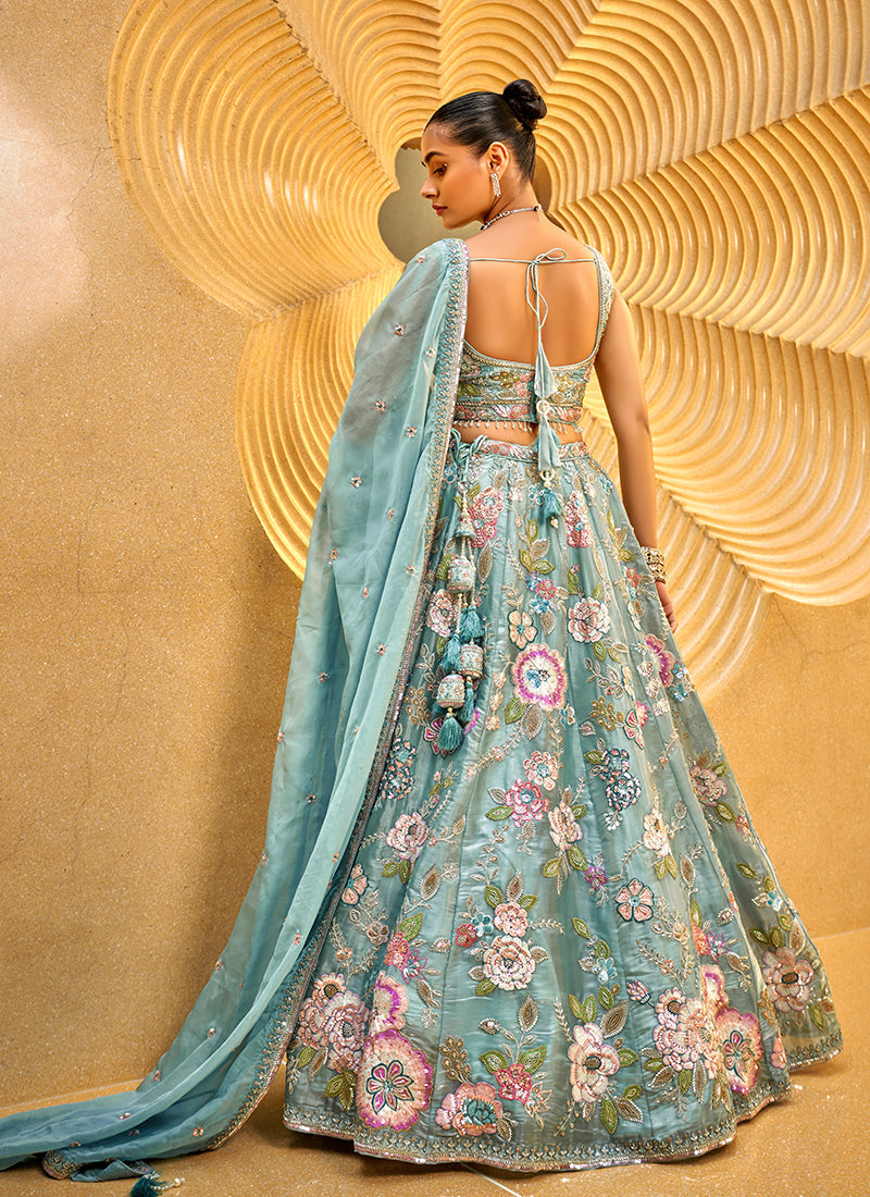 Sea Green Floral Embroidered Bridal Lehenga Choli