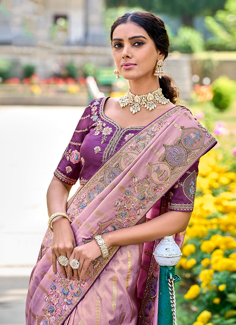 Pink And Purple Appliqué Embroidery Silk Saree