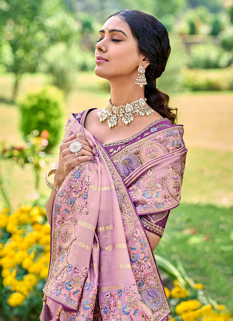 Pink And Purple Appliqué Embroidery Silk Saree