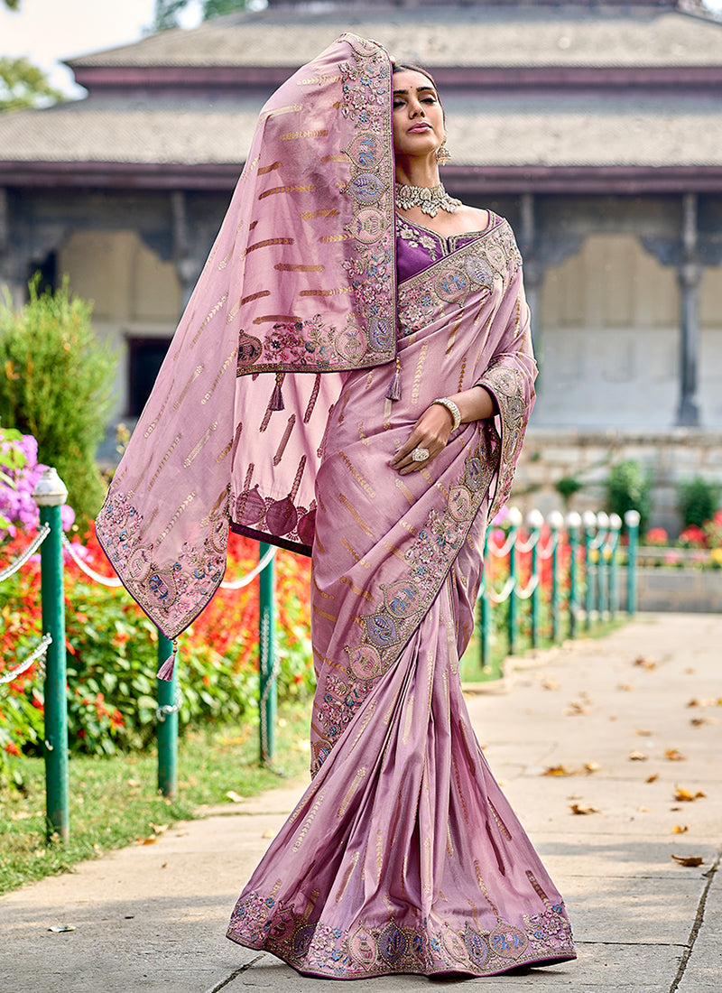 Pink And Purple Appliqué Embroidery Silk Saree