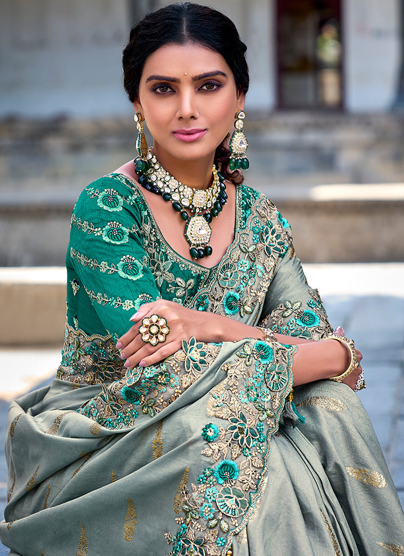 Light Blue And Turquoise Appliqué Embroidery Silk Saree