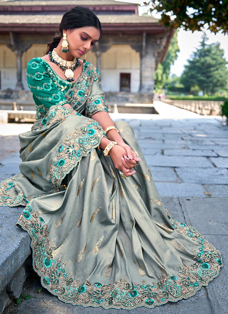 Light Blue And Turquoise Appliqué Embroidery Silk Saree