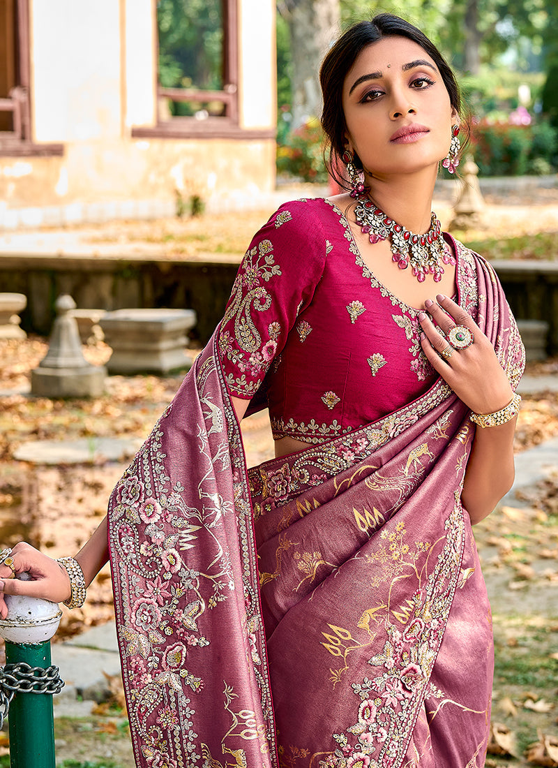 Rich Pink And Magenta Appliqué Embroidery Silk Saree