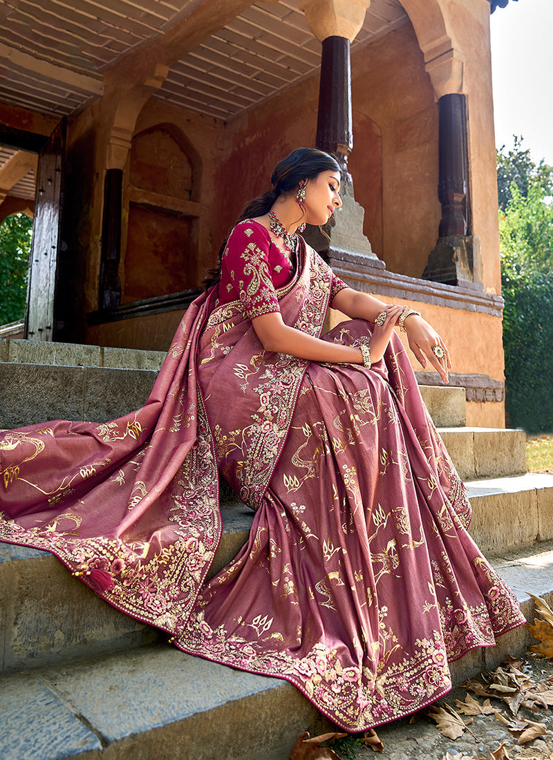 Rich Pink And Magenta Appliqué Embroidery Silk Saree