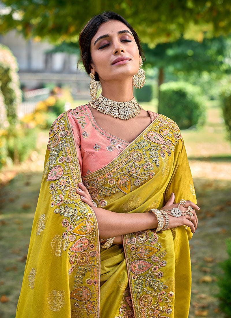 Yellow And Peach Appliqué Embroidery Silk Saree