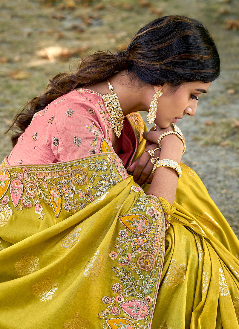 Yellow And Peach Appliqué Embroidery Silk Saree