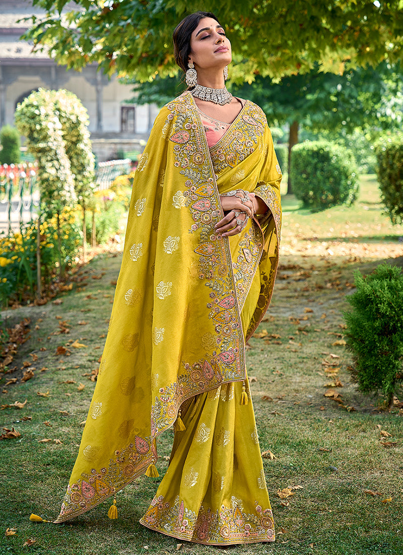 Yellow And Peach Appliqué Embroidery Silk Saree