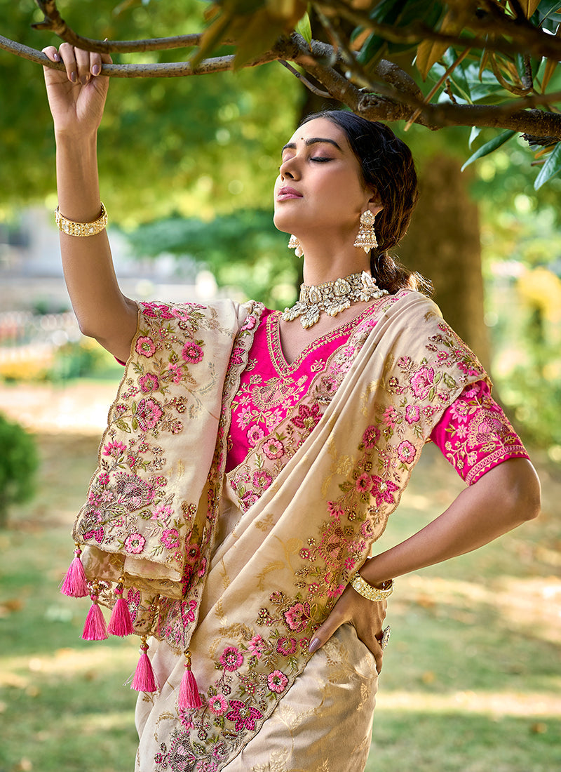 Cream And Pink Appliqué Embroidery Silk Saree