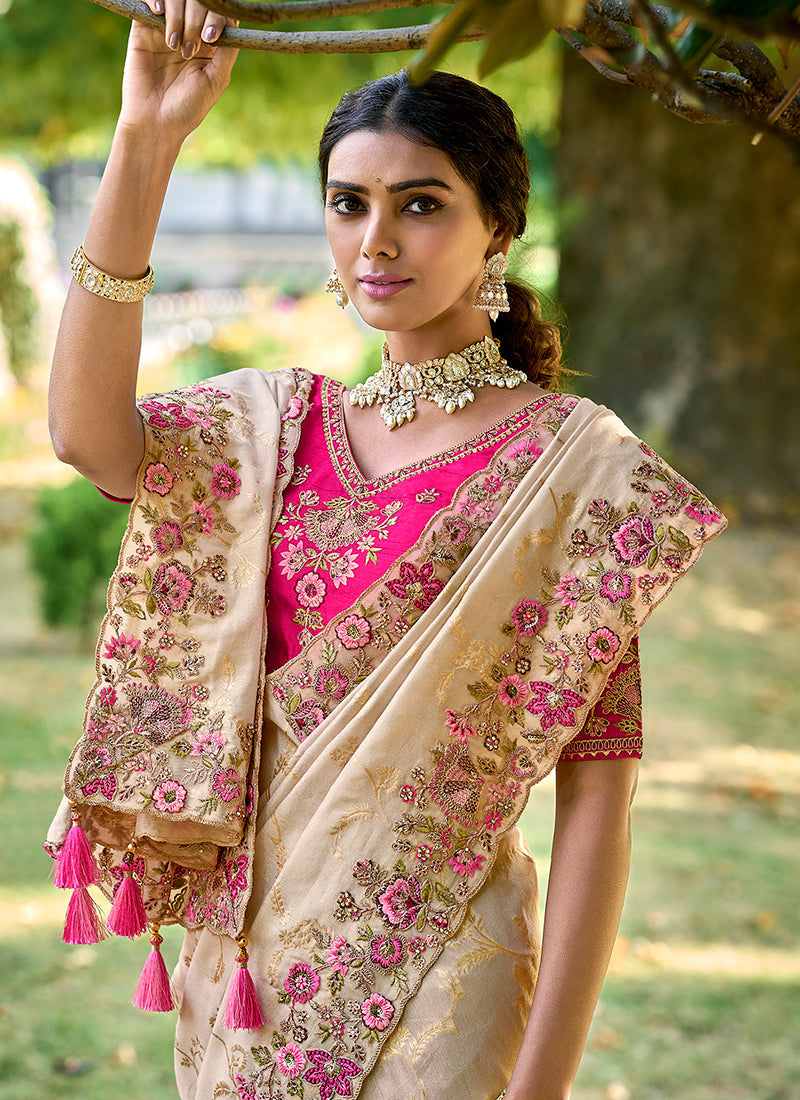 Cream And Pink Appliqué Embroidery Silk Saree