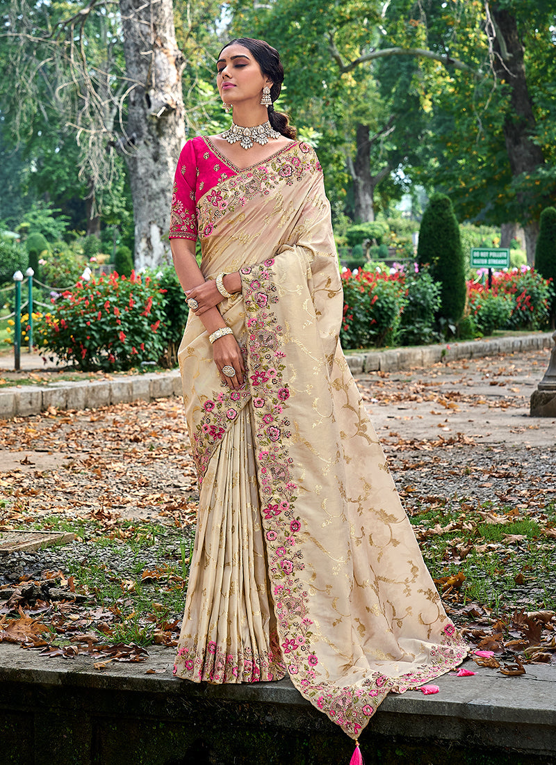 Cream And Pink Appliqué Embroidery Silk Saree