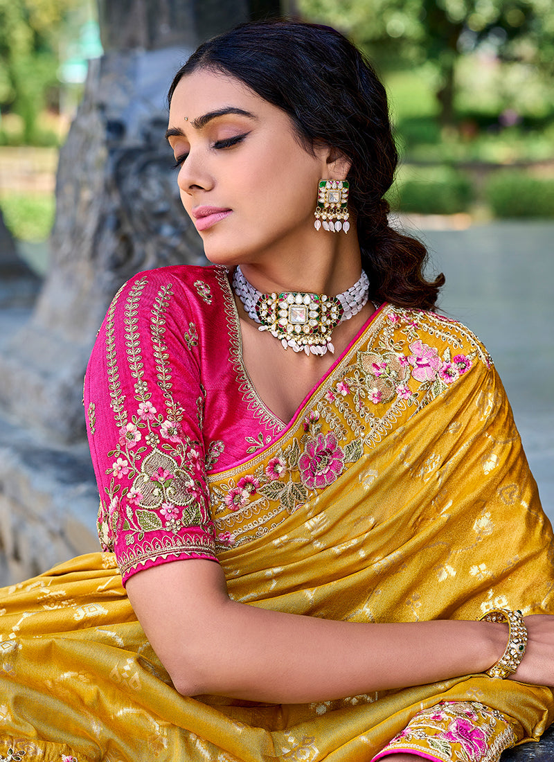 Yellow And Pink Appliqué Embroidery Silk Saree