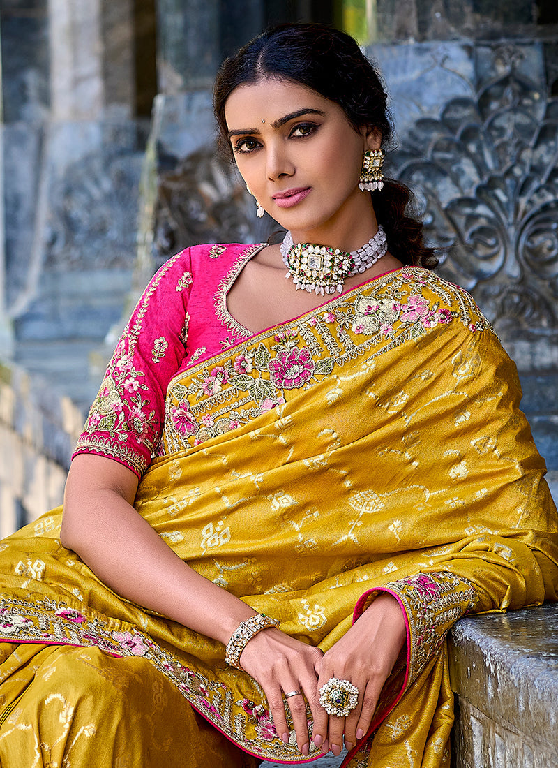 Yellow And Pink Appliqué Embroidery Silk Saree