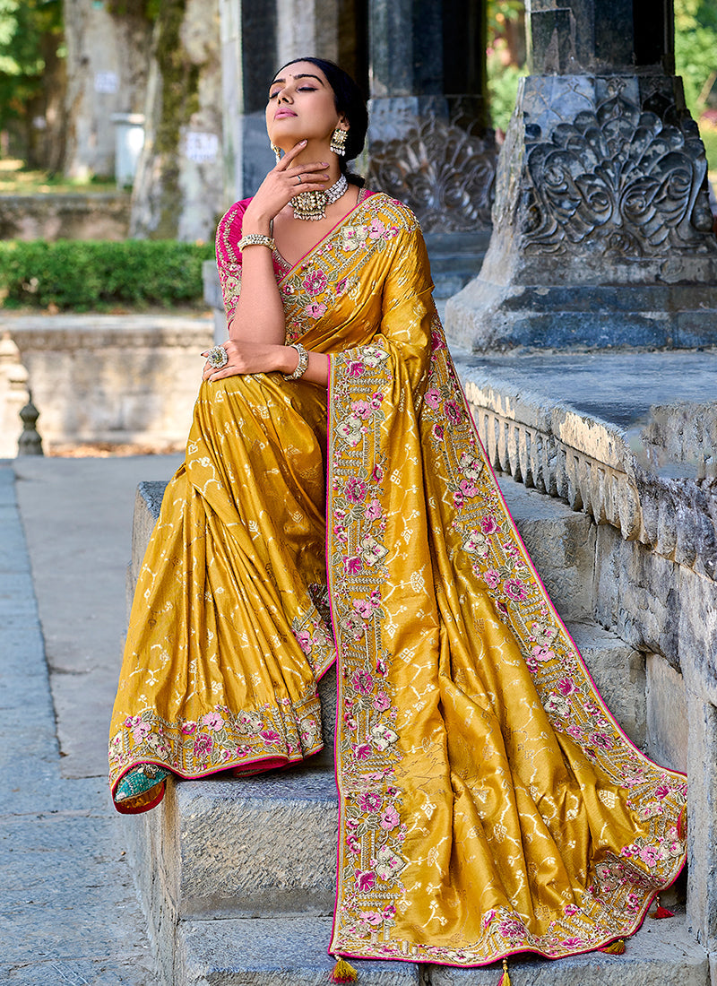 Yellow And Pink Appliqué Embroidery Silk Saree