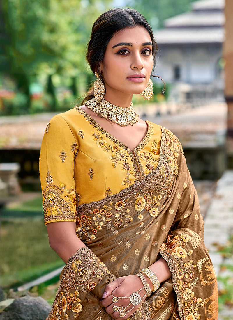 Brown And Yellow Appliqué Embroidery Silk Saree